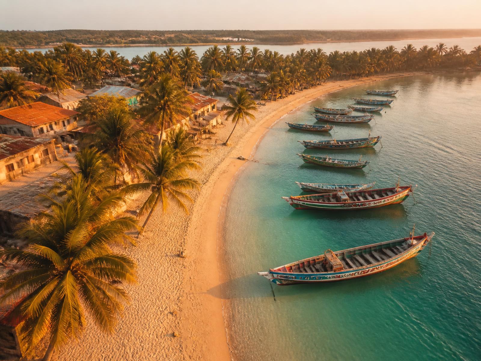 Painted fishing boats moored along a palm-lined West African beach at golden hour